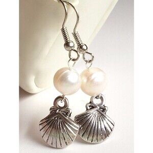 Silver White Pearl Scallop Shell Earrings Sea Life Island Beach Nautical Plated